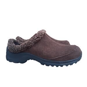 Lands End Women’s 7 Suede Clog Slippers Brown Shearling Lined